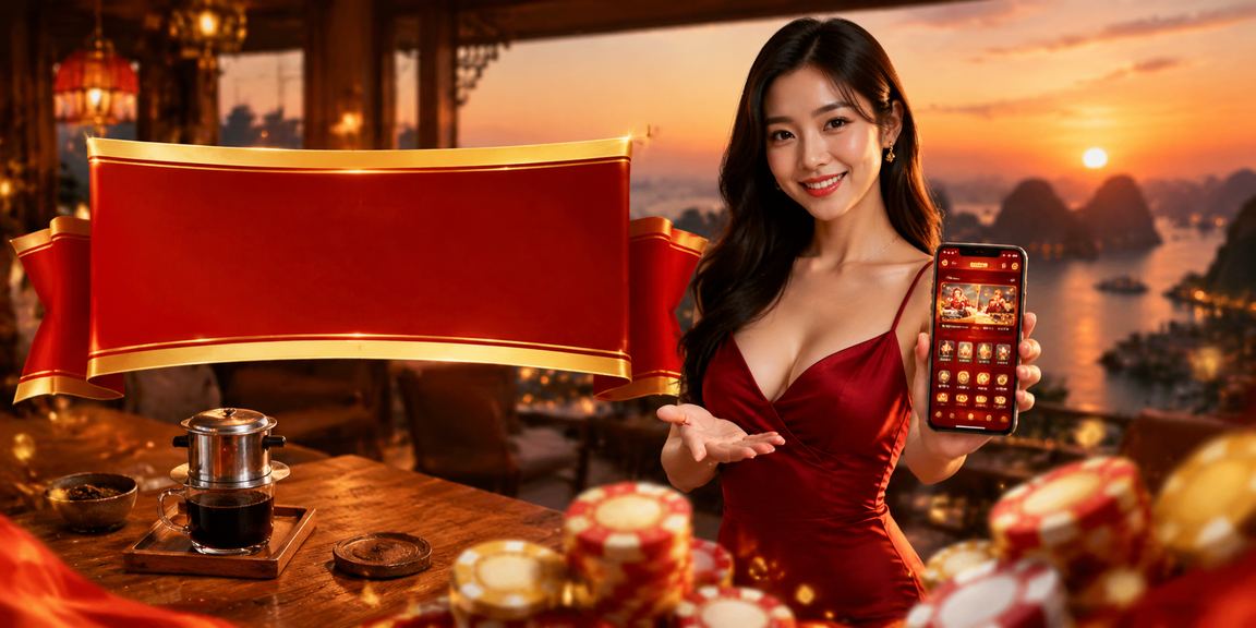 Khung cảnh vịnh Hạ Long với người dùng trải nghiệm casino mobile bên ly cà phê